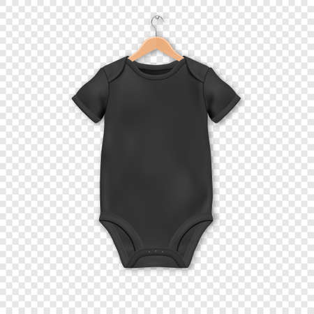 Vector Realistic Black Blank Baby Bodysuit Template, Mock-up Hanging on a Hanger Closeup Isolated on Transparent Background. Body Children, Baby Shirt, Onesie. Accessories, lothes for Newborns.のイラスト素材