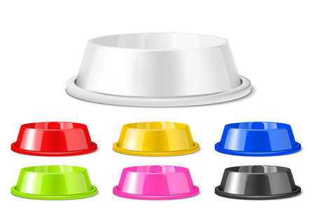 Vector Realistic 3d Colored Blank Plastic or Metal Pet Bowl Icon Set, Mock-up Closeup Isolated on White Background. Design Template of Bowl for Pet, Cat, Animal Food for Mockup. Front View.のイラスト素材