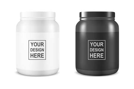 Vector Realistic White and Black Plastic Jar, Can with Lid Set Closeup Isolated on White Background. Design Template of Whey Protein, Sport Powder, Vitamins, BCAA, Pills, Caps for Mockup. Front View.のイラスト素材