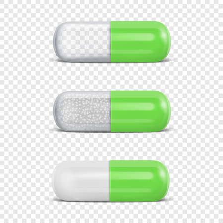 3d Realistic Green Medical Pill Icon Set Closeup Isolated on Transparency Grid Background. Design Template of Pills, Capsules for Graphics, Mockup. Medical and Healthcare Concept. Front Viewのイラスト素材