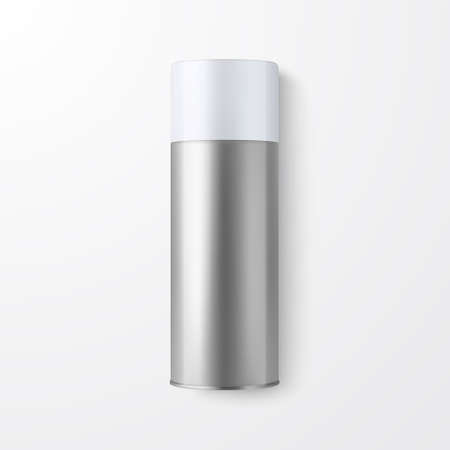 Vector 3d Realistic Silver Blank Spray Can, Spray Bottle Closeup Isolated on White Background. Design Template of Sprayer Can for Mock up, Package, Advertising, Hairspray, Deodorant. Top View.のイラスト素材
