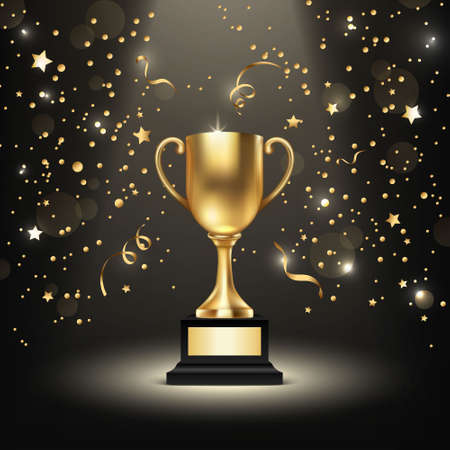 Background with Realistic 3d Blank Golden Shiny Champion Cup. Championship Trophy. Sport Tournament Award, Gold Winner Cup and Victory Conceptのイラスト素材