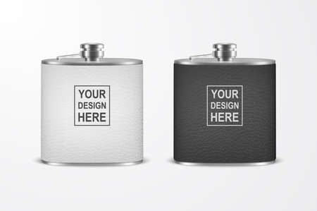 3d Realistic Leather Blank Stainless Steel Hip Flask Set Closeup Isolated on White Background.のイラスト素材