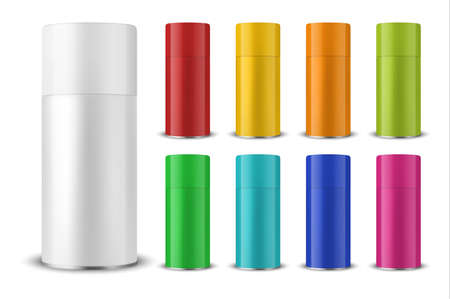 Vector 3d Realistic Colorful Blank Spray Can, Spray Bottle with Cap Set Closeup Isolated on White Background. Design Template of Sprayer Can for Mock up, Package, Advertising, Hairspray, Deodorant etc.のイラスト素材