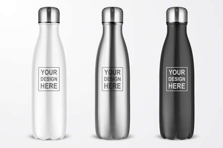 Vector Realistic 3d White, Silver and Black Empty Glossy Metal Reusable Water Bottle with Silver Bung Set Closeup Isolated on White Background. Design template of Packaging Mockup. Front View.のイラスト素材