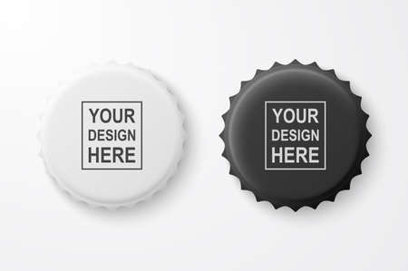 3d Realistic Black and White Blank Beer Bottle Cap Set Closeup Isolated on White Background. Design Template for Mock up, Package, Advertising. Top and Bottom Viewのイラスト素材