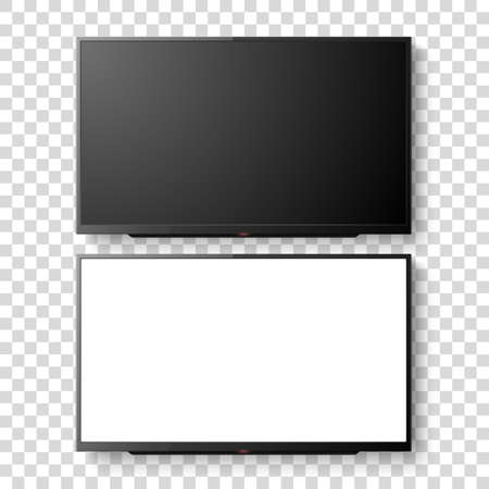 3d Realistic White Blank TV Screen Set. Modern LCD LED Panel Set Closeup Isolated on Transparent Background. Design Template of Large Computer Monitor Display for Mockupのイラスト素材