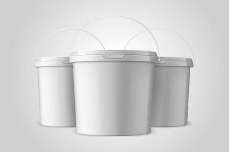 Vector Realistic 3d White Plastic Bucket Set for Food Products, Paint, Foodstuff, Adhesives, Primers, Putty Closeup Isolated on White Background. Design Template of Packagin for Mockup. Front View.のイラスト素材