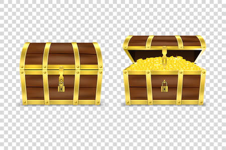 Vector 3d Realistic Closed and Opened Retro Vintage Antique Old Treasure Wooden Pirate Dower Chest...