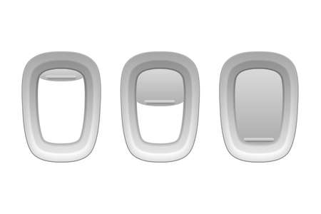 Vector 3d Realistic Three White Plastic Portholes of Airplane with Open and Closed Window Shades. Icon set Closeup. View From Aircraft Flight Window. Travel and Tourism Conceptのイラスト素材