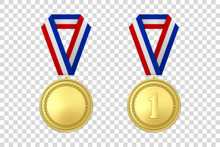 Vector 3d Realistic Gold Award Medal Icon Set with Color Ribbon Closeup Isolated on Transparentのイラスト素材
