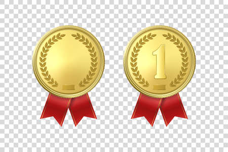 Vector 3d Realistic Gold Award Medal Icon Set with Red Ribbons Closeup Isolated on Transparentのイラスト素材