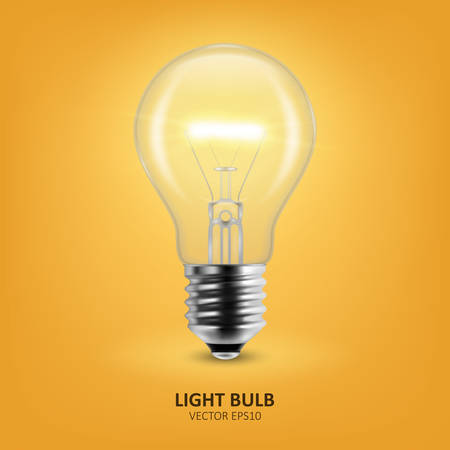 Vector 3d Realistic Turning On Light Bulb Icon Closeup on Yellow Background. Design Template, Clipart. Glowing Incandescent Filament Lamps. Creativity Idea, Business Innovation Concept.のイラスト素材