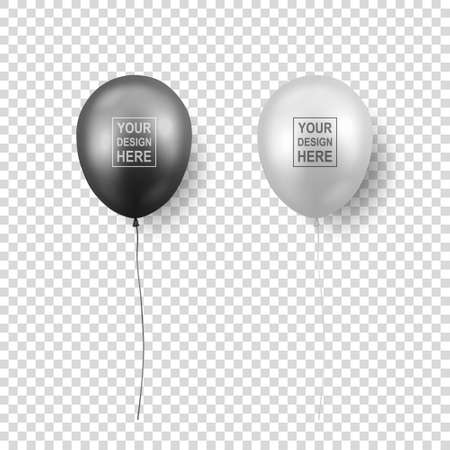 Vector 3d Realistic Glossy Metallic Black and White Balloon with Ribbon Icon Closeup Isolated on Transparentのイラスト素材