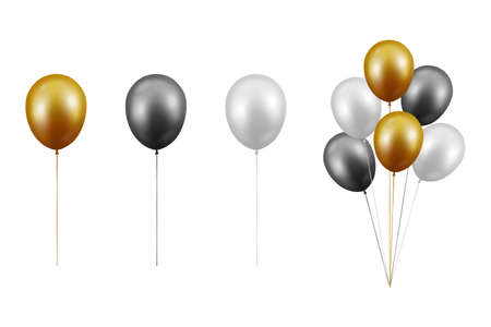Vector Realistic Glossy Metallic Gold, Black, White Balloon Set Closeup Isolated on Whiteのイラスト素材