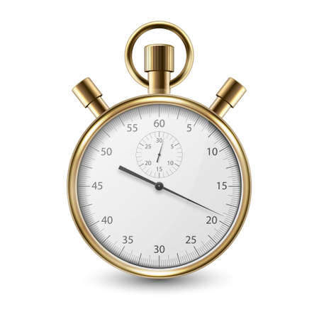 Realistic Metal Golden Classic Stopwatch Icon Closeup Isolated on White Background. Stop-watch Design Template. Sport Timer on Competitions. Start, finish, Time Management. Stock Vector Illustration.のイラスト素材