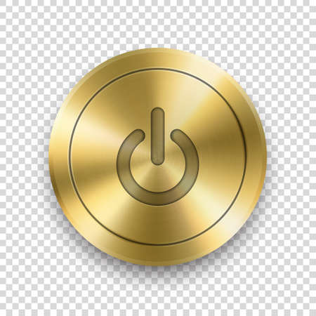 Vector 3d Realistic Metallic Golden Knob. Design Template of Metal Gold Textured Circle Button Closeup. Playback Control, On and Off, Start, Power Push-Button. Design Template for Web, appのイラスト素材