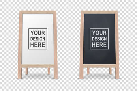 Vector 3d Realistic Blank White and Black Wooden Board for Restaurant Menu Icon Set Closeup Isolated. Advertising Street Sandwich Stand, Sidewalk Sign. Chalkboard for Cafe, Design Template, Mockupのイラスト素材