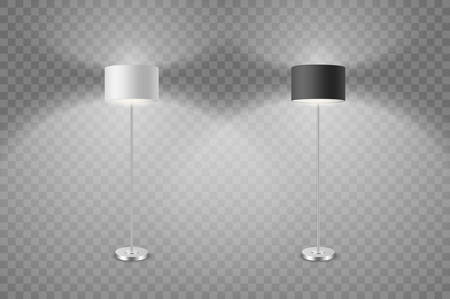 Vector Realistic White and Black Illuminated Lamp Set Isolated on Transparent Background. Floor Lamp. Template of Electric Torchere for Interior Design, Energy Furniture. Home Equipment, Modern Style.のイラスト素材