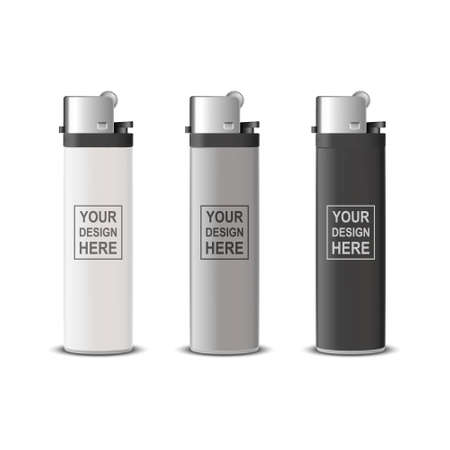 Vector 3d Realistic White, Gray, Black Blank Cigarette Lighter Icon Set Closeup Isolated on Transparent Background. Design Template for Advertising, Mockup, Corporate Identity. Front View.のイラスト素材