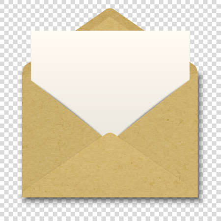 Vector Realistic Brown Craft Envelope with White Paper Sheet Closeup Isolated on Transparent Background. Design Template for Certificate, Document, Letter, Mockpup. Top View.のイラスト素材