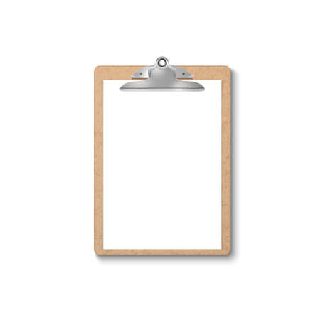 Vector 3d Realistic Brown Craft Clipboard with Blank Paper, Metal Clip Icon Closeup Isolated on White Background. Design Template for Notes, Mockup, Checklist, Questionnaire, Reminders.のイラスト素材