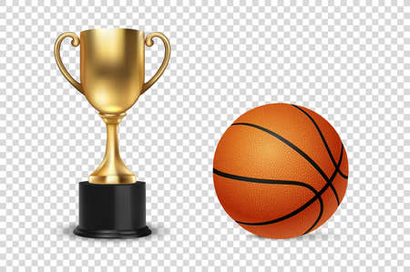 Realistic Vector 3d Golden Champion Cup Icon with Basketball Set Isolated on Transparent Backround. Design Template of Championship Trophy. Sport Tournament Award, Gold Winner Cup and Victory Conceptのイラスト素材