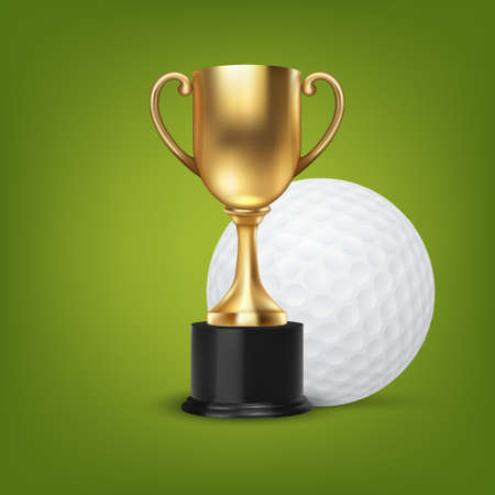Realistic Vector 3d Blank Golden Champion Cup Icon wirh Golf Ball Set Closeup on Green Background. Design Template of Championship Trophy. Sport Tournament Award, Gold Winner Cup and Victory Conceptのイラスト素材