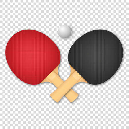 Vector 3d Realistic Red and Black Racket and Ball Icon Closeup Isolated on Transparent Background. Sport Equipment for Table Tennis. Design Template. Stock Illustrationのイラスト素材