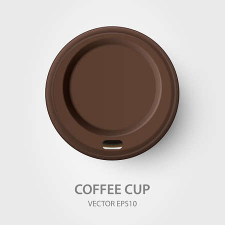 Vector 3d Realistic Disposable Closed Paper, Plastic Coffee Cup for Drinks with Brown Lid Closeup Isolated on White Background. Design Template, Mockup. Top Viewのイラスト素材