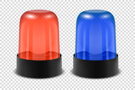 Vector 3d Realistic Red and Blue Police Flasher Siren Icon Set Closeup Isolated on Transparent Background. Light, Beacon For Police Car, Ambulance, Fire Trucks. Emergency Flashing Siren. Front Viewのイラスト素材