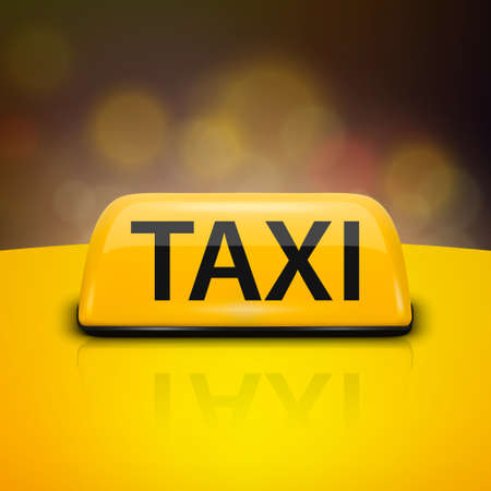 Vector 3d Realistic Yellow French Taxi Sign on Car Roof Closeup on Night City Background. Design template for Taxi Service, Mockup. Front Viewのイラスト素材