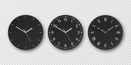 Vector 3d Realistic Simple Round Wall Office Clock Set. Black Dial. Closeup Isolated on Transparent...