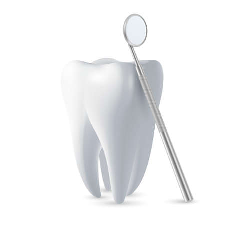 Vector 3d Realistic Dental Inspection Mirror for Teeth with Tooth Icon Closeup Isolated on White Background. Medical Dentist Tool. Design Template, Clipart. Dental Health Conceptのイラスト素材