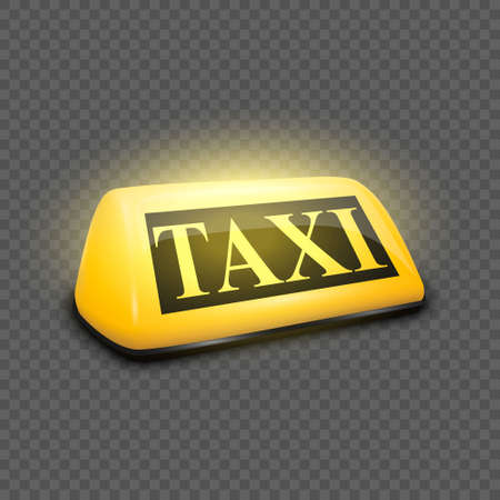 Vector 3d Realistic Glowing Yellow French Taxi Sign Icon Closeup Isolated on Transparent Background. Design template for Taxi Service, Mockup. Side, Half-turn Viewのイラスト素材