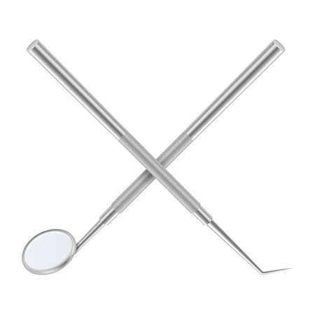 Vector 3d Realistic Dental Inspection Mirror and Probe for Teeth Closeup Isolated on White Background. Cross to Cross. Medical Dentist Tool. Design Template, Clipartのイラスト素材
