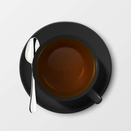 Vector 3d Realistic Black Porclean, Ceramic Tea Cup, Mug with Tea and Silver Tea Spoon Closeup Isolated on White Background. Design Template, Clipart. Top View.のイラスト素材