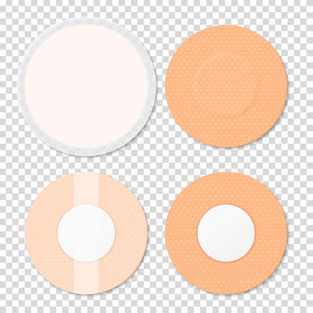 Vector 3d Realistic Medical Patch Icon Set Closeup Isolated on Transparent Background. Design Template Adhesive Bandage Elastic Medical Plasters. Front and Back Side View.のイラスト素材