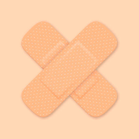 Vector 3d Realistic Medical Patch Icon Closeup. Design Template Adhesive Bandage Elastic Medical Plasters. Cross a Cross. Front, Top View.のイラスト素材