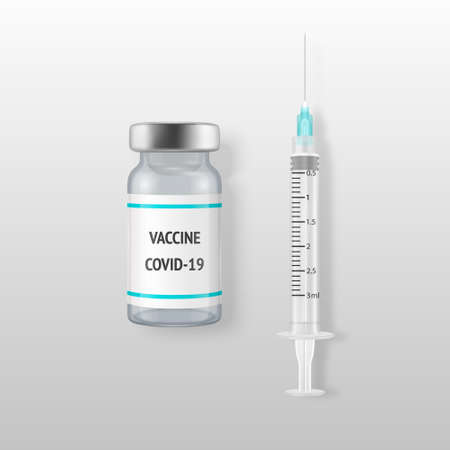 Vector 3d Realistic Bottle and Syringe. COVID-19 Coronavirus Vaccine. Closeup Isolated on White Background. Drug Ampoule Design Template, Clipart, Mockup. Vaccination concept. Top Viewのイラスト素材