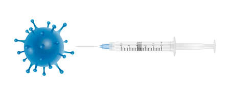 Vector Banner, Placard with 3d Realistic Bacteria, Cell and Syringe Isolated on White Background. Coronavirus , 2019-nCoV, Covid-2019, Covid-19, Epidemic, Pandemic. Infection and Dangerous Conceptのイラスト素材