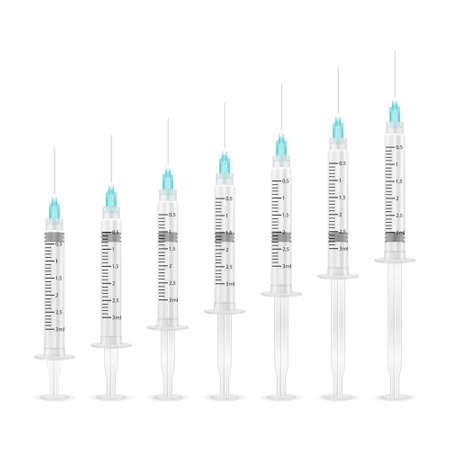Vector 3d Realistic Blank Empty Syringe Icon Set Closeup Isolated on White Backgound. Medical concept, Design Template, Mockup, Vaccine and Vaccinationのイラスト素材