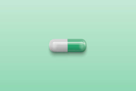 Vector Realistic 3d Green, White Medical Pill Closeup Isolated on Green Background. Design Template for Graphics, Banners. Female Health Concept. Women s Health Care, Vitamins, Supplements. Top Viewのイラスト素材