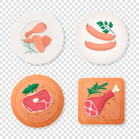 Vector Fresh Pieces of Raw Meat, Chicken Wing, Drumstick, Sausage, Tenderloin Fillet, Ham, Greens on Plate, Cutting Board Icon Set Isolated, Cartoon Style. Food BBQ Concept, Design Template. Top Viewのイラスト素材