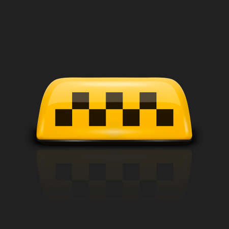 Vector 3d Realistic Yellow French Taxi Sign Icon with Reflection Closeup Isolated on Black Background. Design template for Taxi Service, Mockup. Front Viewのイラスト素材