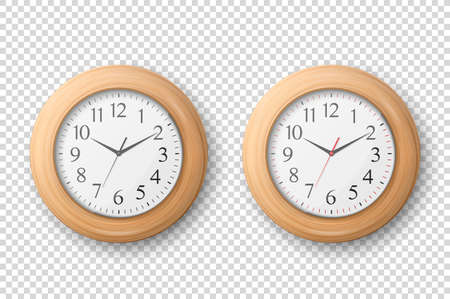 Vector 3d Realistic Simple Round Wooden Wall Office Clock with White Dial Icon Set Closeup Isolated on Transparent Background. Design Template, Mock-up for Branding, Advertise. Front or Top Viewのイラスト素材