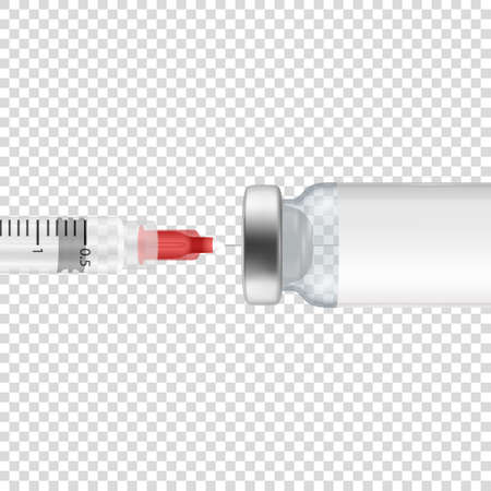 Vector 3d Realistic Bottle and Syringe. Coronavirus Vaccine, Botox, Fillers, Injections, Hyaluronic Acid Closeup Isolated. Drug Ampoule Design Template, Mockup. Vaccination concept. Front Viewのイラスト素材