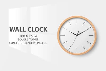 Vector 3d Realistic Simple Round Wooden Wall Office Clock with White Dial Closeup Isolated on White Background. Design Template, Mock-up for Branding, Advertise. Front Viewのイラスト素材