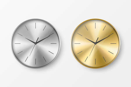 Vector 3d Realistic Simple Round Silver and Golden Wall Office Clock Icon Set Closeup Isolated on...