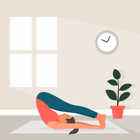 Female Yoga in Flat Style. Vector Illustration of Beautiful Cartoon Woman in Halasana Pose of Yoga. Home Sports Concept.のイラスト素材